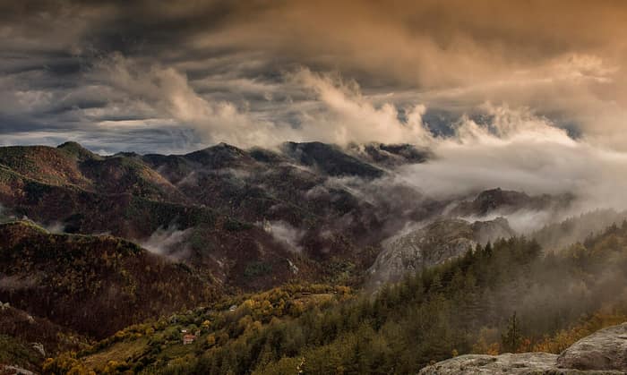 Belintash rock plateau in the Rhodopes in mist before sunset