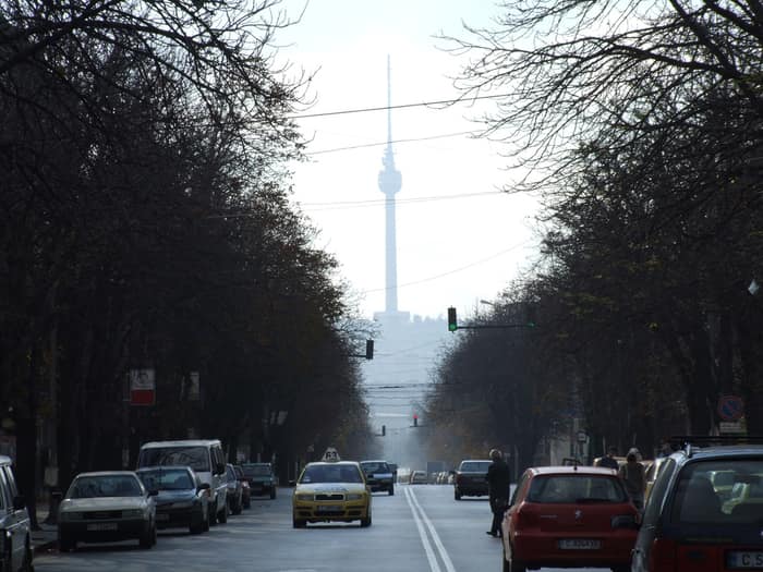 The Ruse TV Tower, tall concrete shaft with antenna